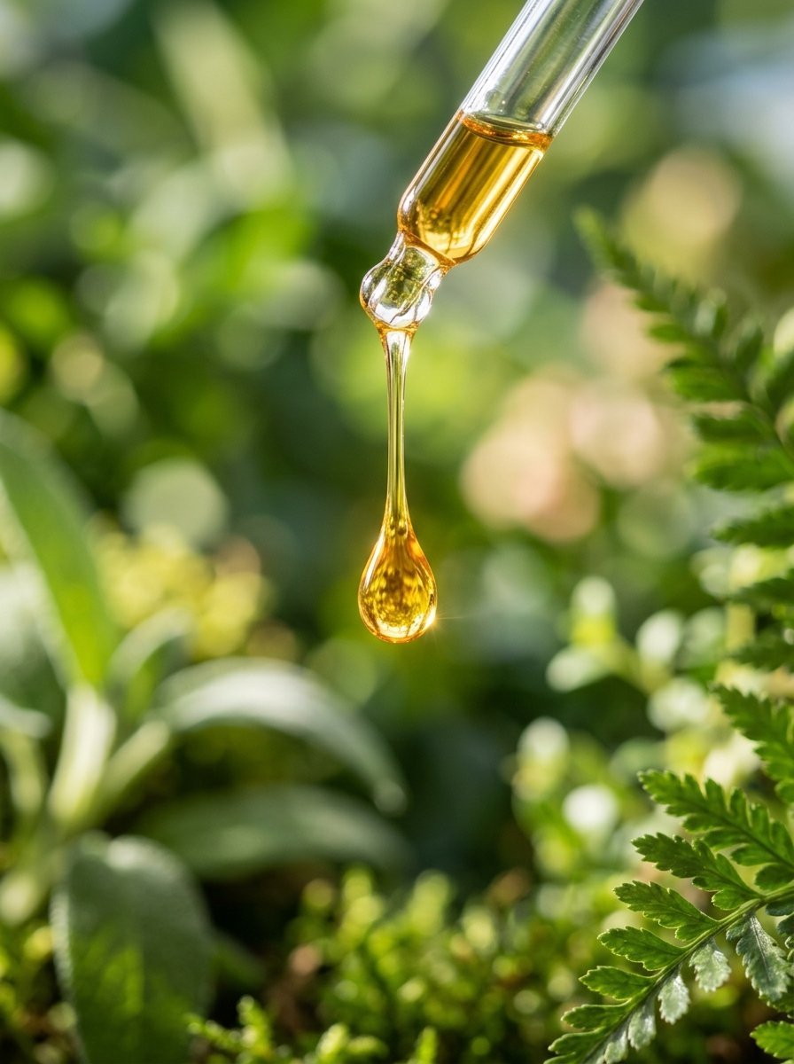 Close up of a serum droplet falling from a clear dropper with a blurred natural green plant background.
