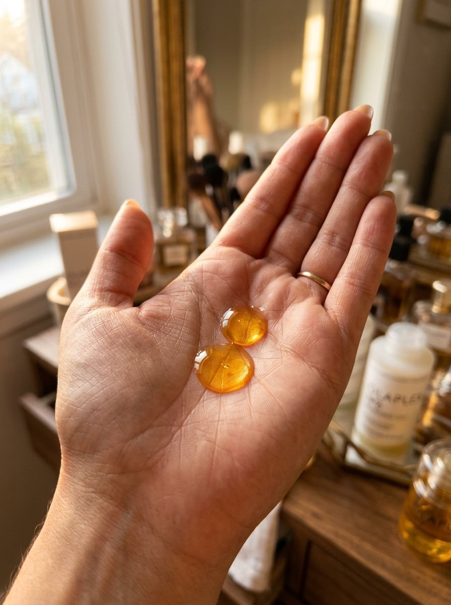 Close-up of a person's open hand holding two shiny, amber-colored drops of skincare oil or serum.