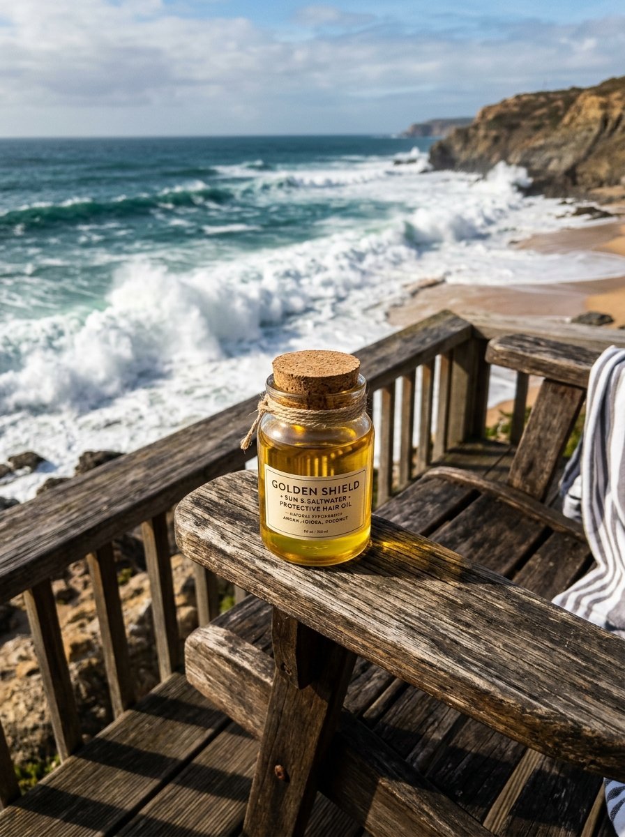 Bottle of protective hair oil with a cork topper sitting on a wooden beach chair overlooking crashing ocean waves.