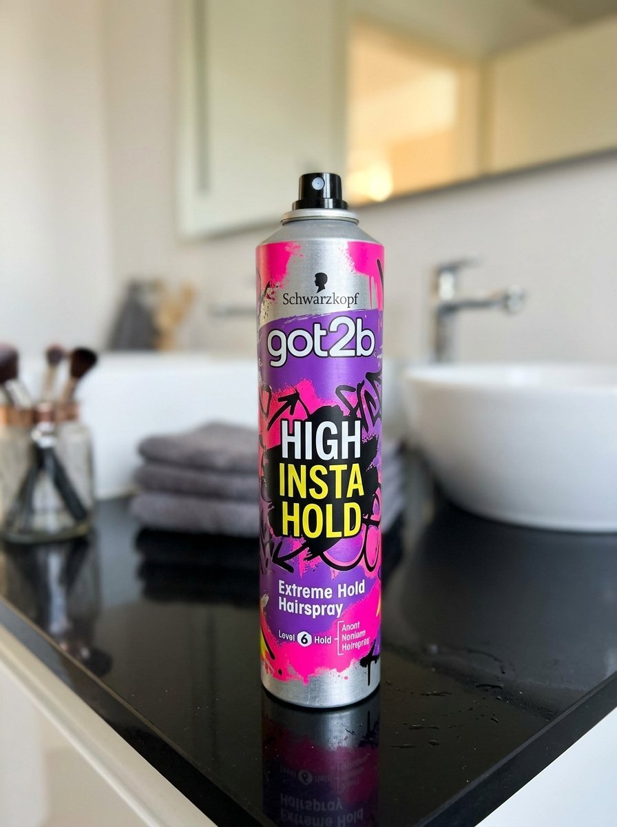 Close-up of a purple and pink Schwarzkopf hairspray bottle standing on a black bathroom counter.