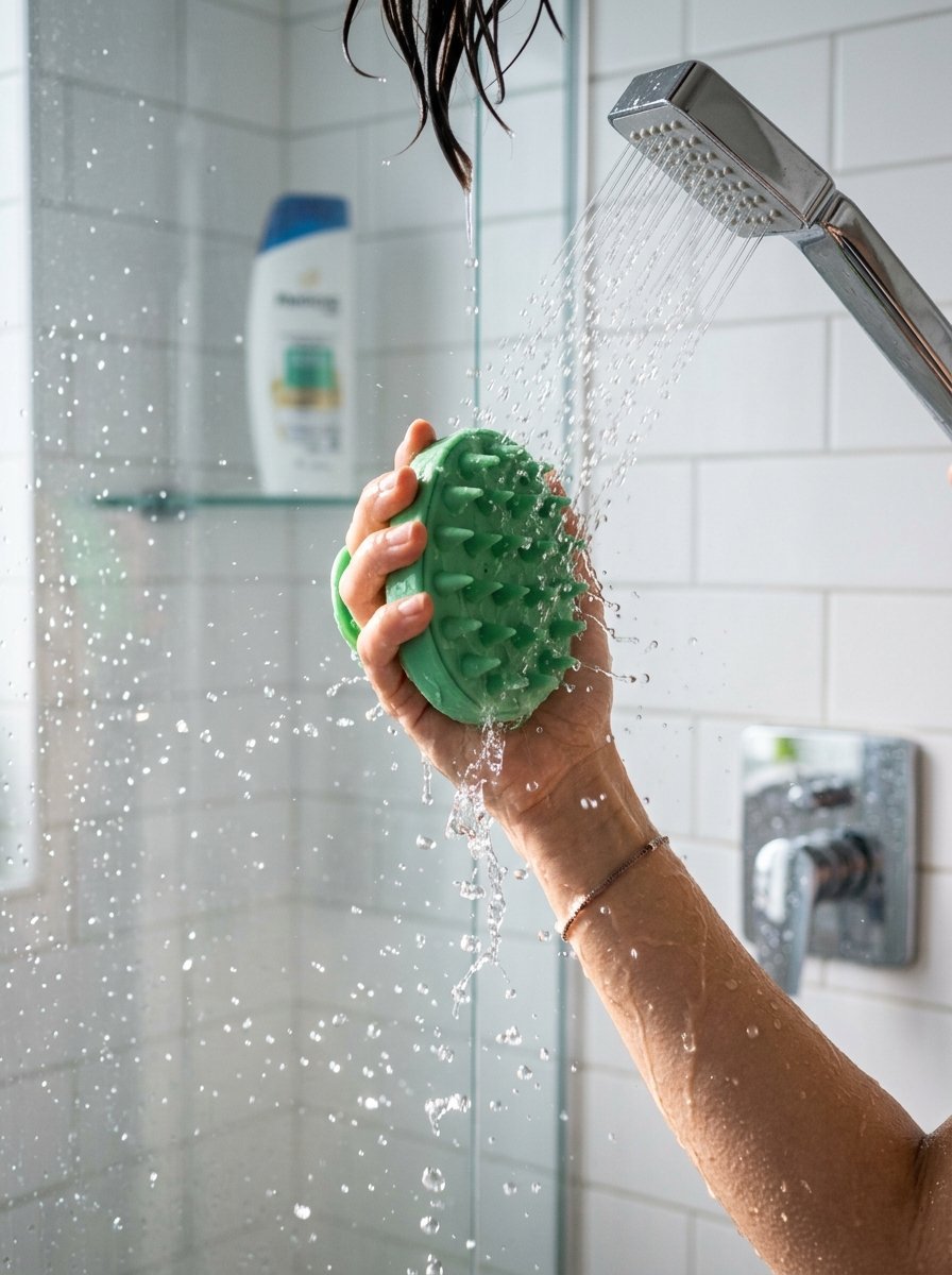 Water sprays over a person's hand using a round green scalp massager in a tiled shower.