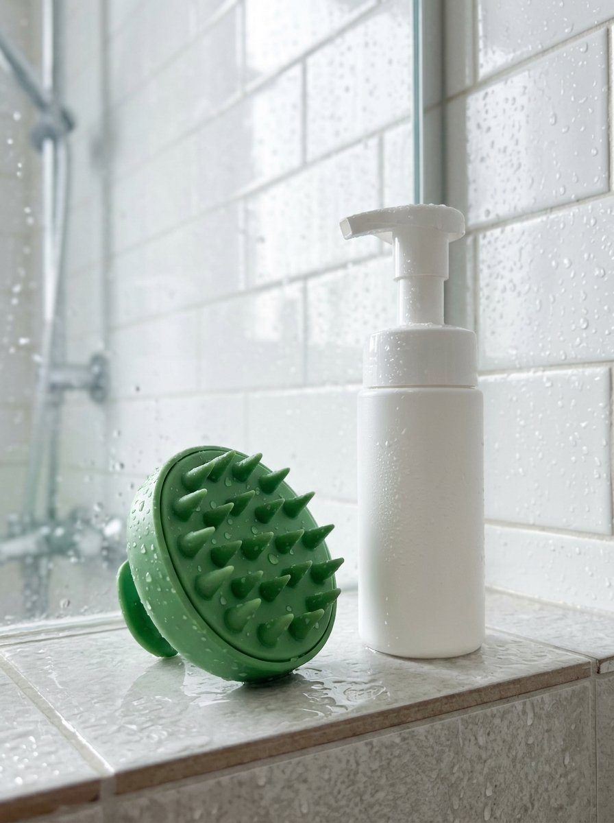 Wet green circular scalp scrubber and white pump bottle sitting on a tiled shower ledge.