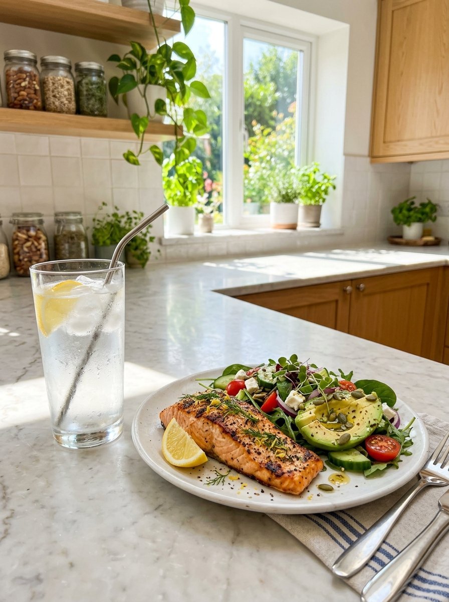 A plate featuring a cooked salmon fillet and vegetable salad next to a glass of lemon water on a marble countertop.