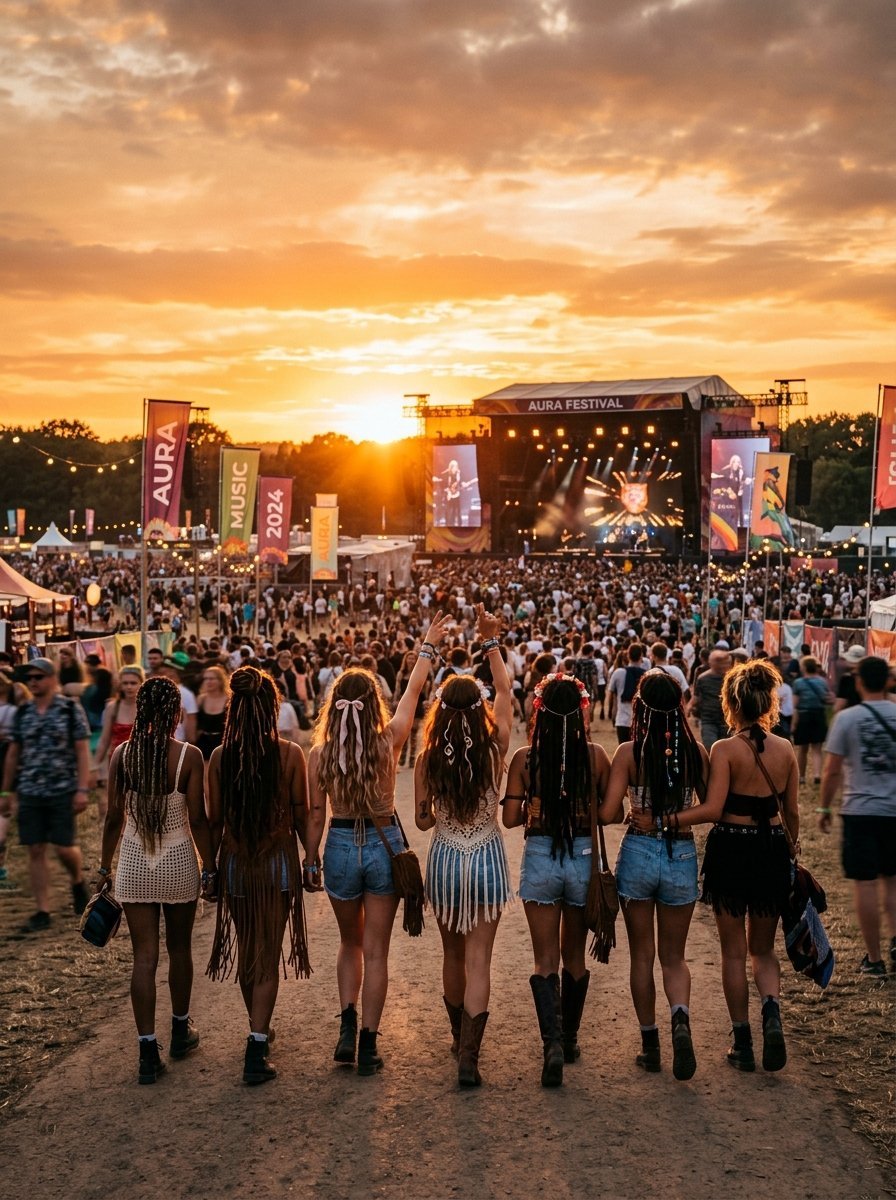 A back view of seven women walking hand-in-hand toward a large concert stage during a golden hour music festival.
