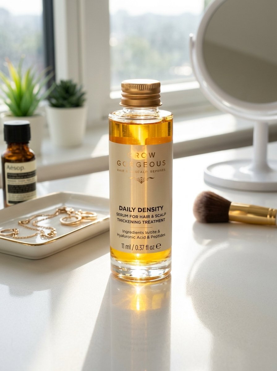 Grow Gorgeous gold-tinted hair serum bottle sitting on a vanity next to a makeup brush and gold jewelry.