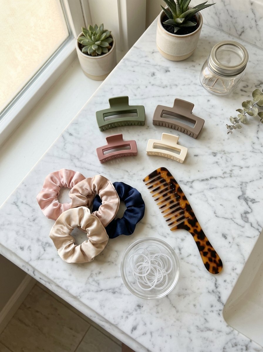 Matte hair clips, satin scrunchies, and a tortoise shell hair comb arranged on a white marble bathroom vanity.