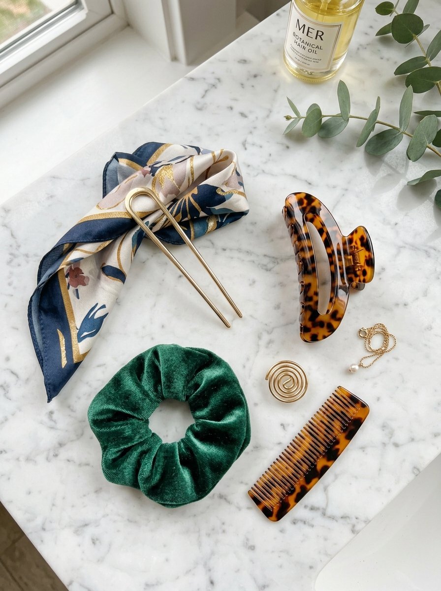 A flat lay of hair clips, a green velvet scrunchie, a patterned silk scarf, and a comb on a marble surface.