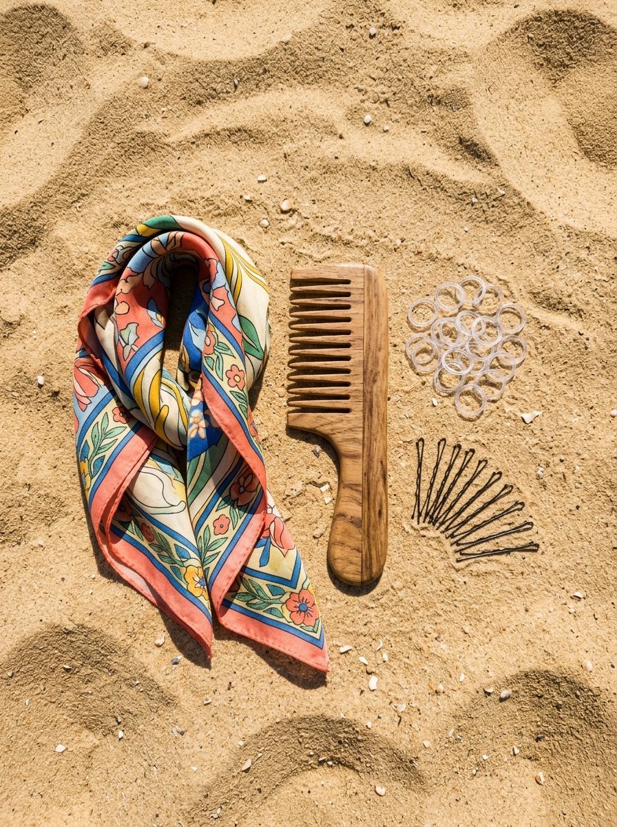 Colorful patterned neckerchief next to a wooden hair comb and various hair ties placed on textured beach sand.