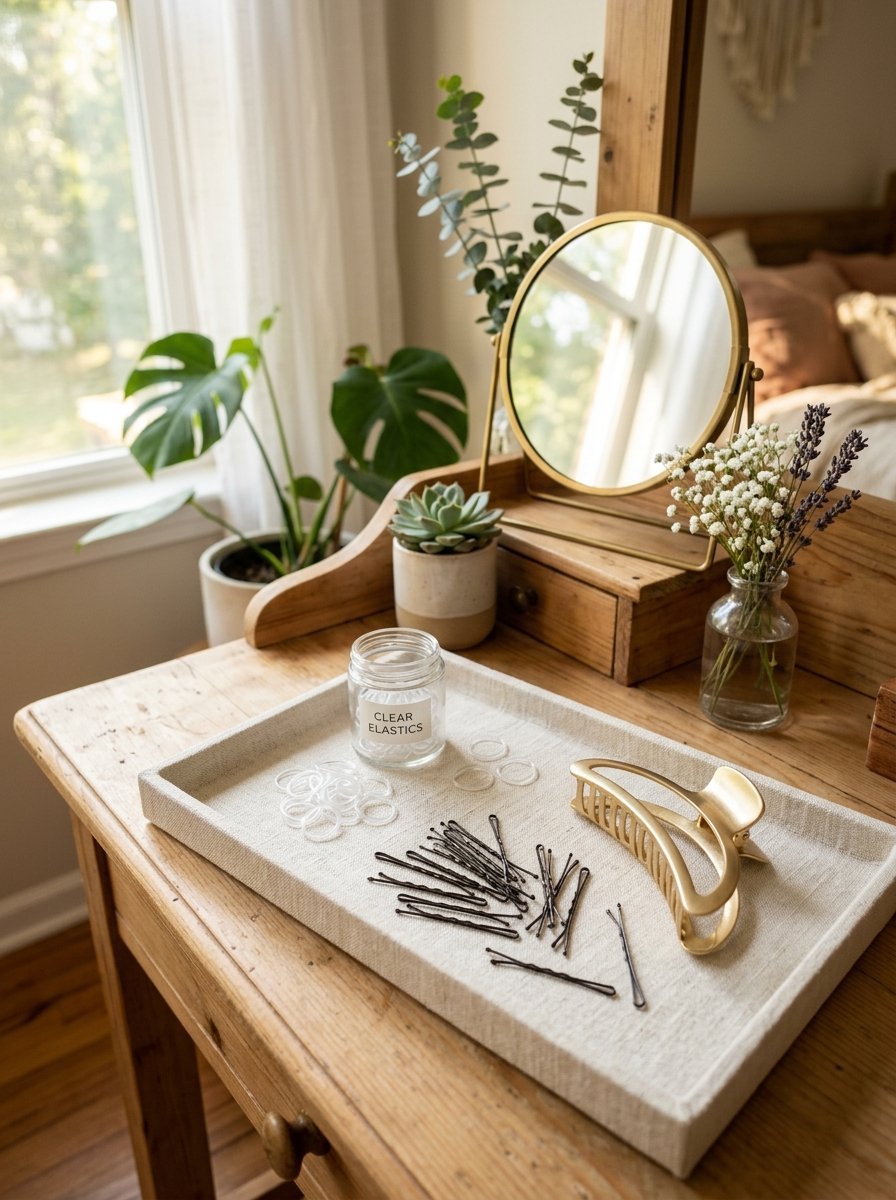 Hairpins, a gold claw clip, and clear elastic bands on a linen tray atop a wooden desk.