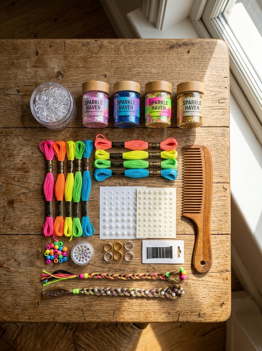 Top-down view of colorful embroidery floss, adhesive pearls, hair elastics, glitter jars, and a wooden comb.