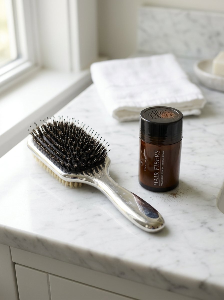 Close-up of a metallic hair brush and a container of hair-thickening powder on a white marble countertop.