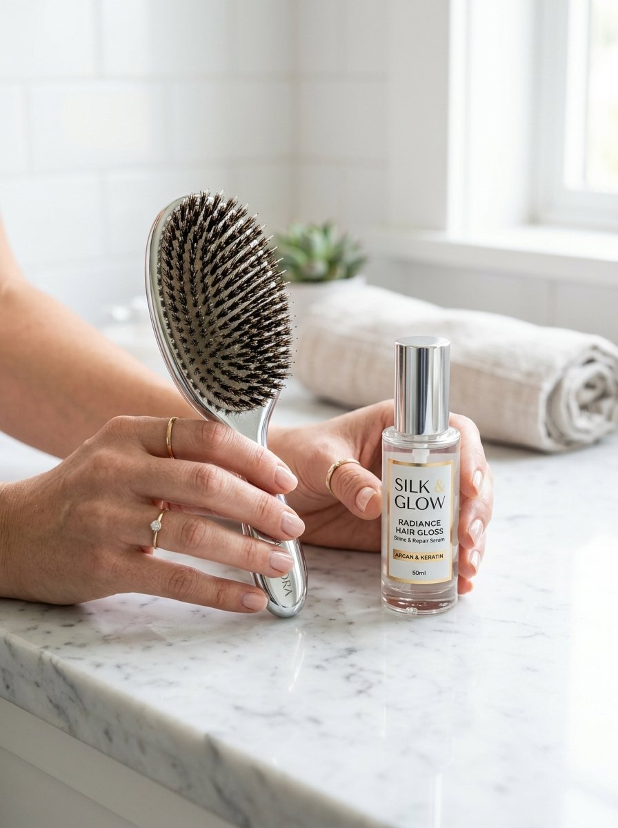 Close-up of hands holding a round hair brush and a Silk and Glow hair gloss bottle on a marble bathroom counter.