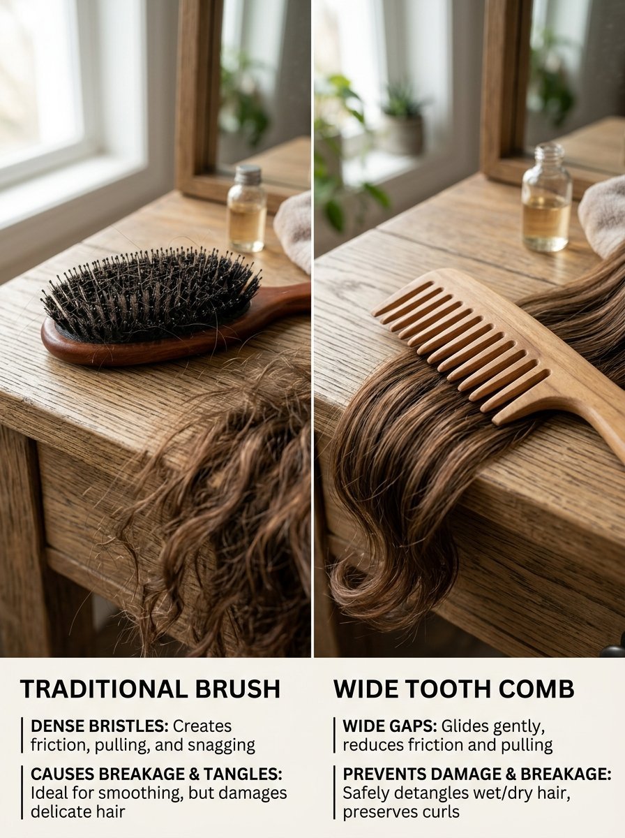 Comparison photo showing a dense bristle brush and a wooden wide-tooth comb on a wooden vanity table.