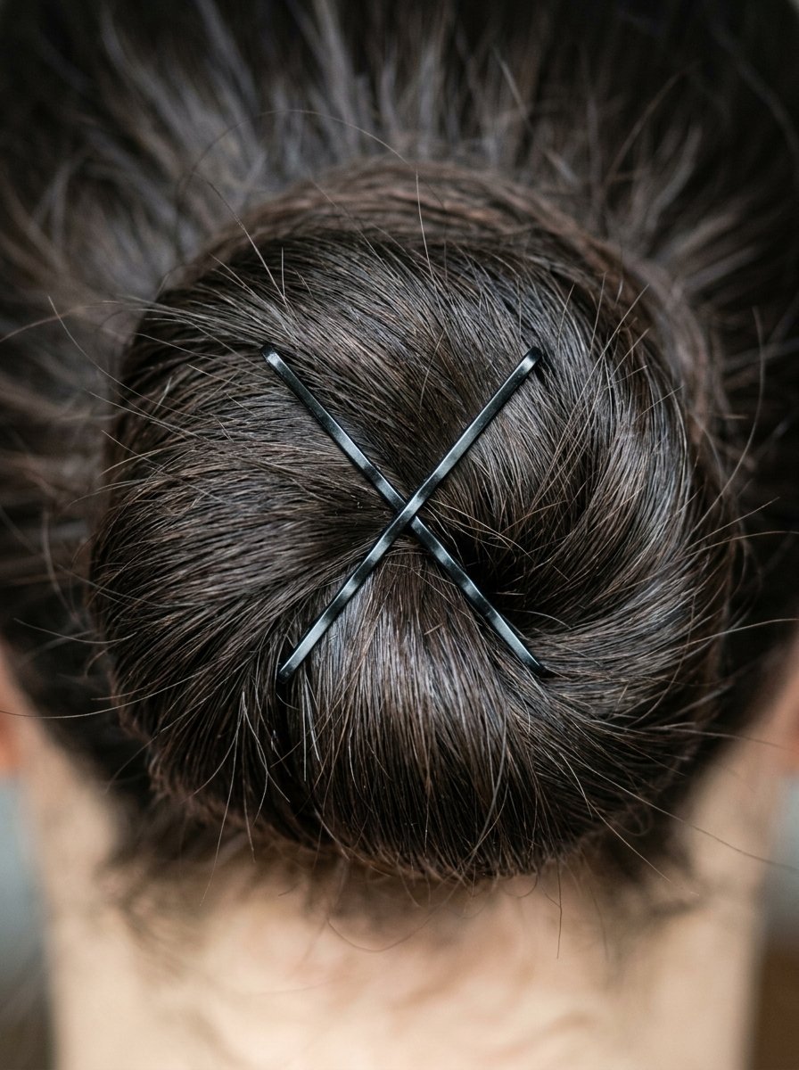 Two black bobby pins arranged in an X shape holding a person's brown hair in a bun.