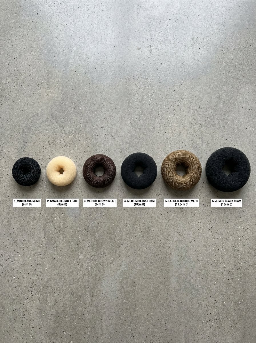 A lineup of six hair bun styling donuts in various sizes, colors, and textures on a concrete background.