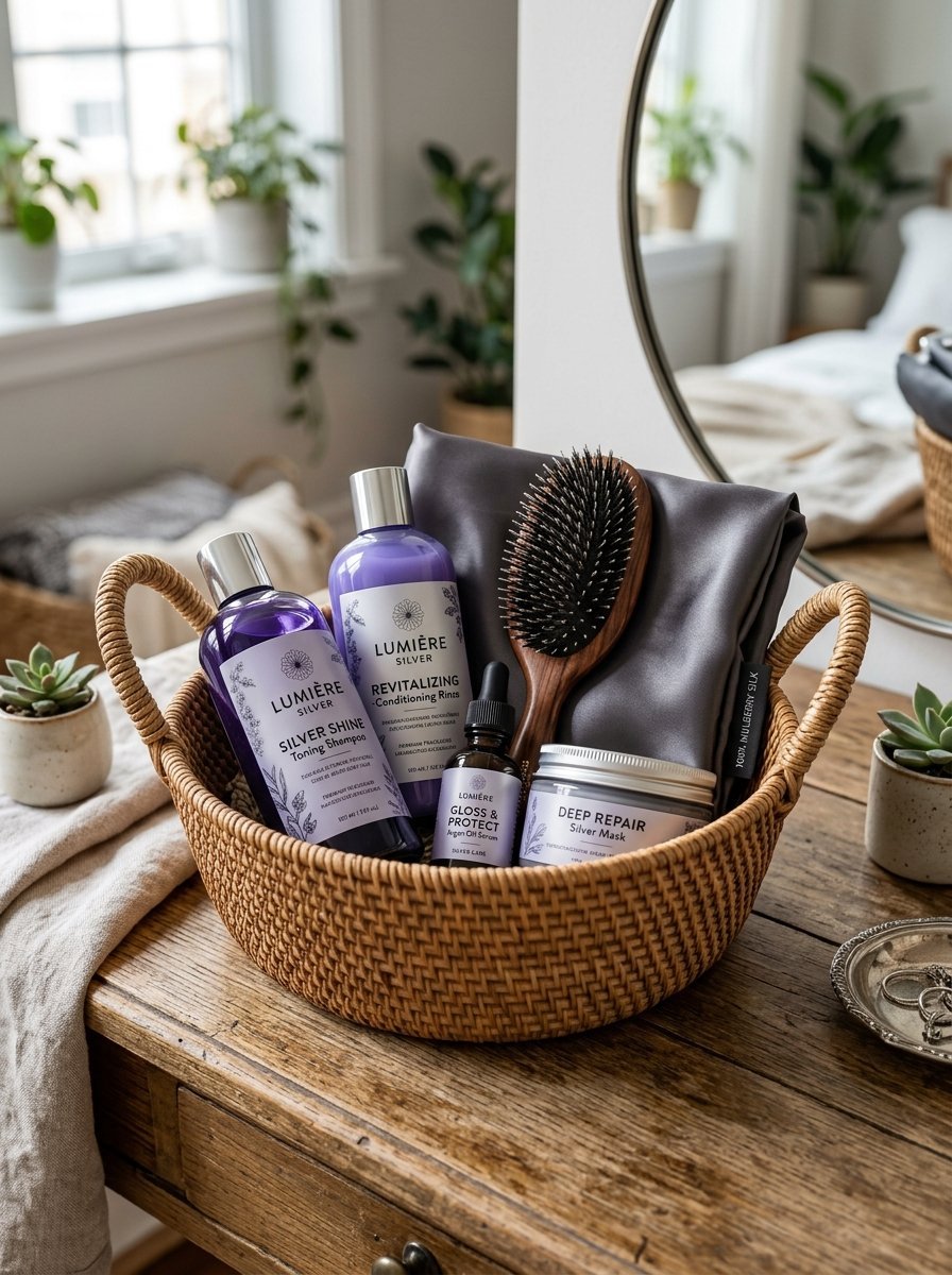 Woven basket filled with purple hair products, a wooden hairbrush, and a grey silk pillowcase on a wooden table.