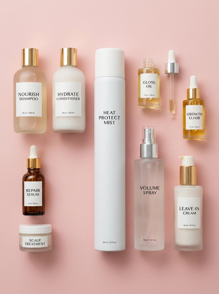 Flat lay of assorted hair treatment bottles, serums, and sprays arranged neatly on a soft pink surface.