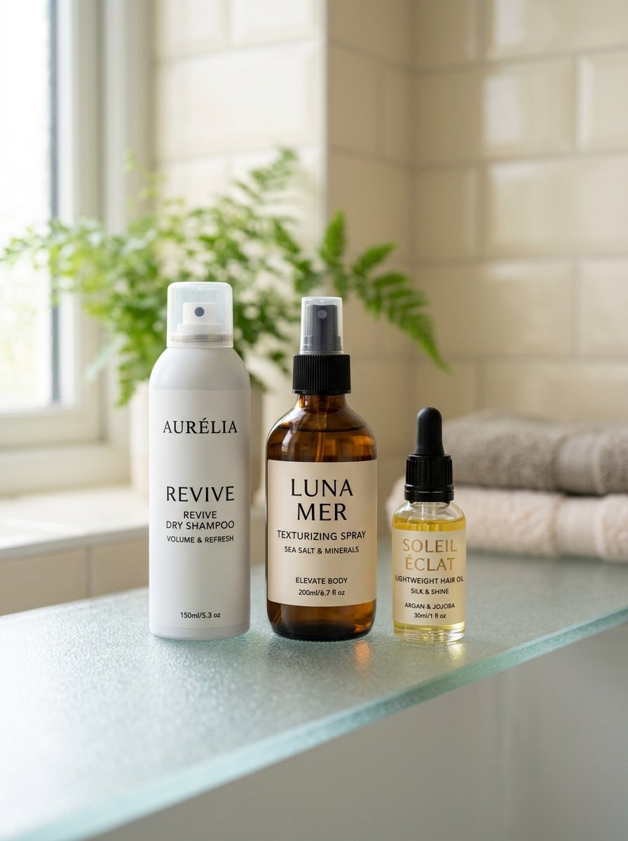 Collection of Revive dry shampoo, Luna Mer spray, and Soleil Eclat hair oil bottles on a glass shelf.