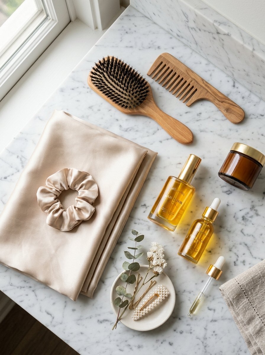 Silk pillowcase, wooden hair tools, golden oils, and decorative hair accessories on marble.