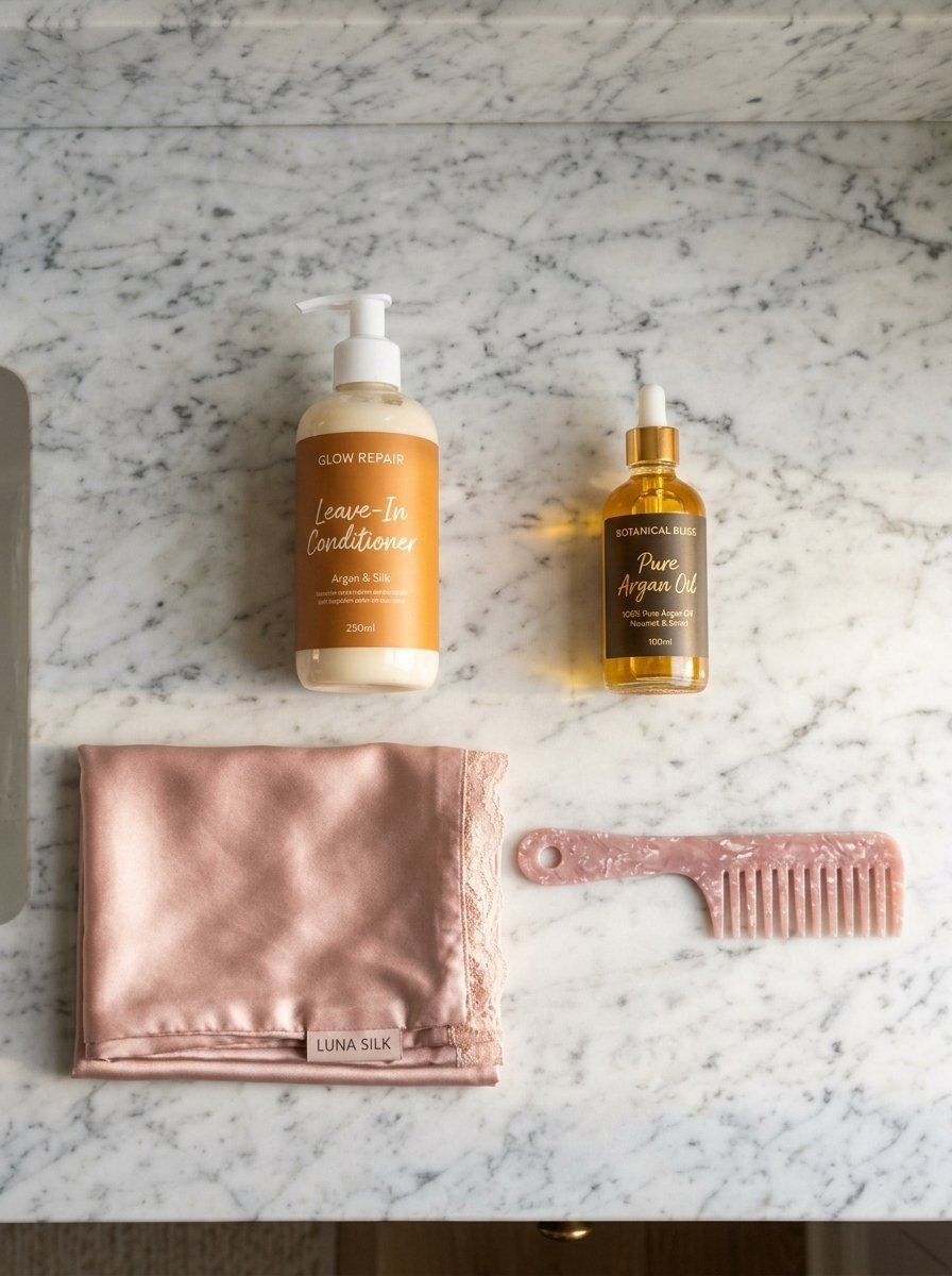 Bottles of leave-in conditioner and argan oil next to a pink silk hair wrap and a marbled acrylic wide-tooth comb.