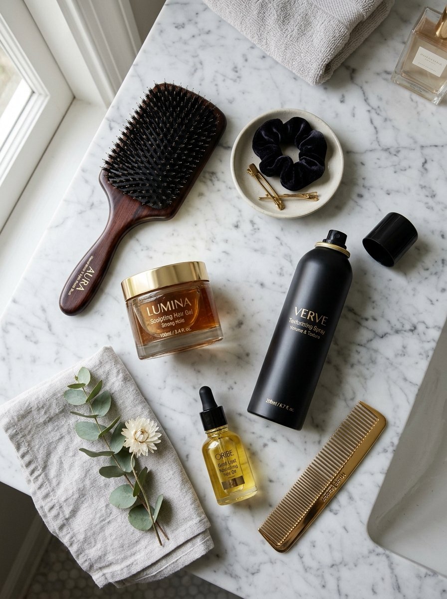 Top-down view of hairbrushes, hair oil, gel, and spray arranged on a white marble surface with a towel.