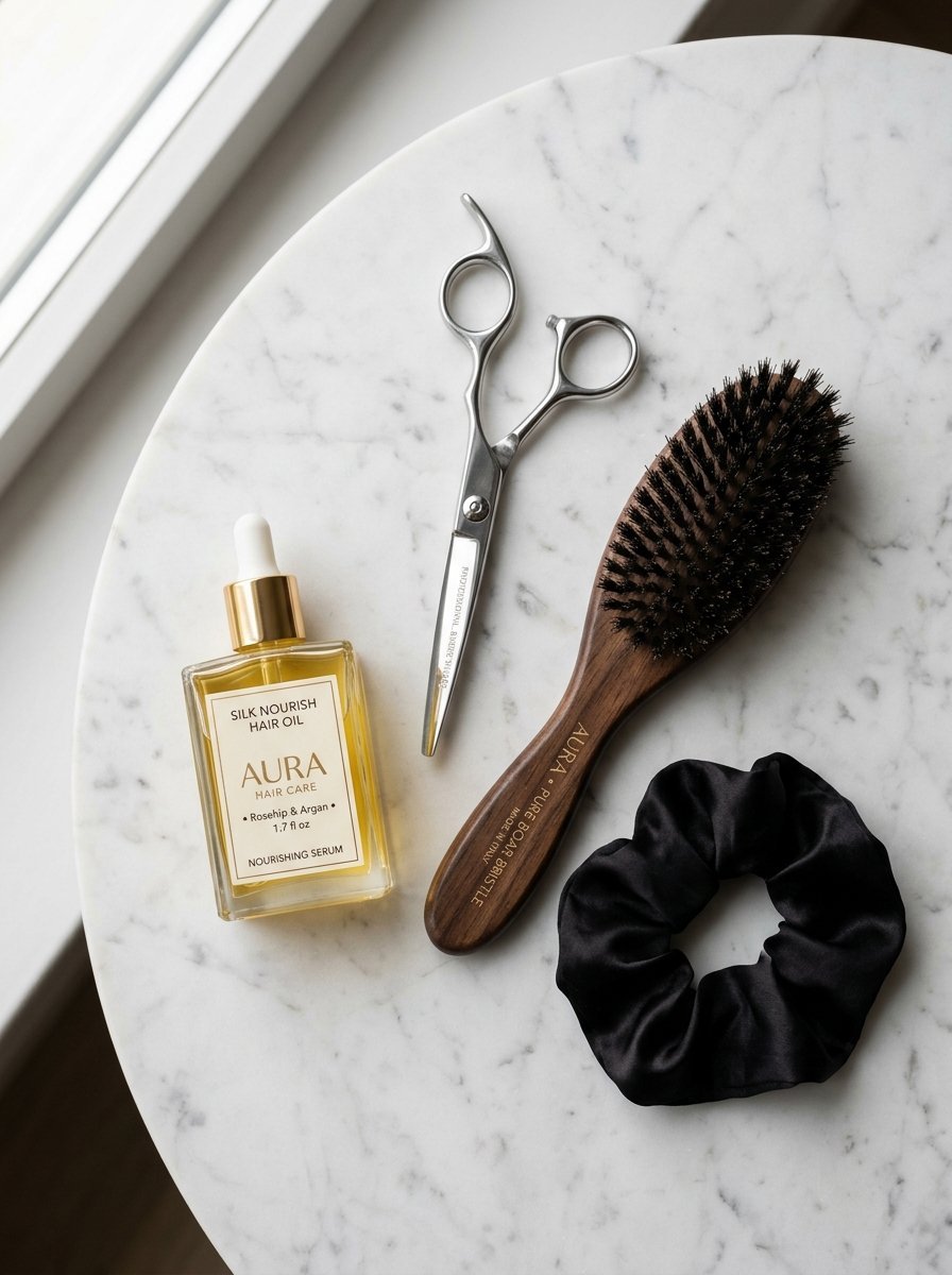 Hair oil bottle, professional metal scissors, wooden brush, and black silk scrunchie on a round marble surface.