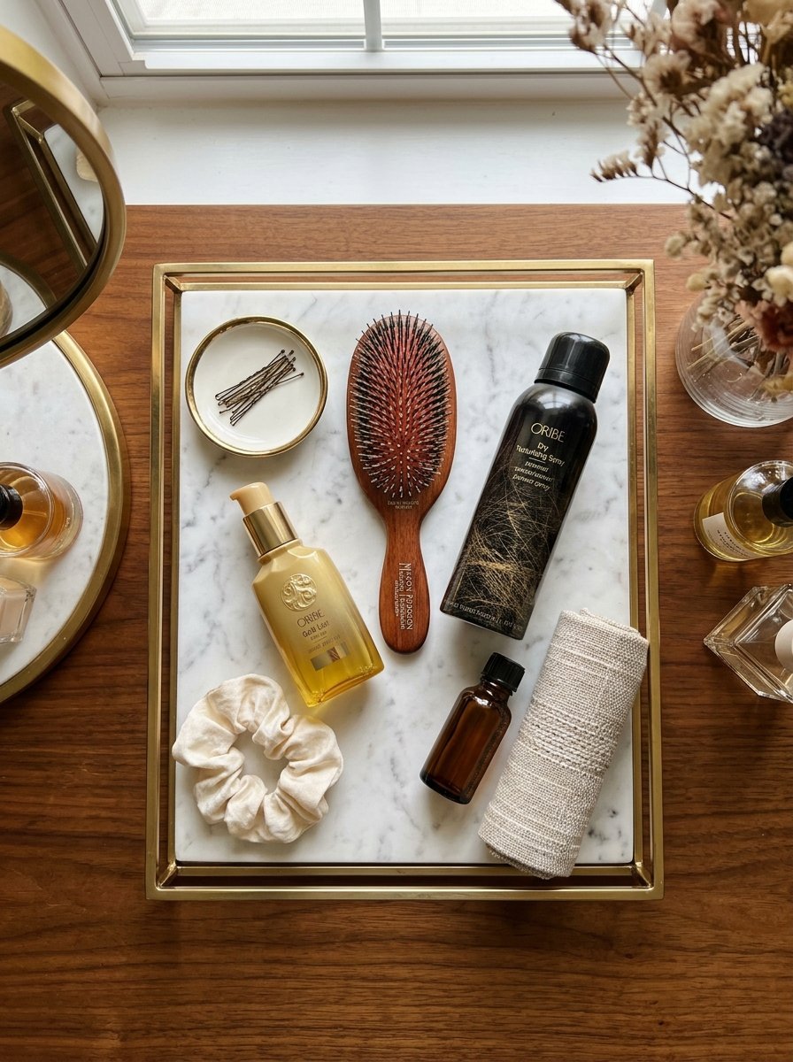 Hair brush, Oribe hair spray, serum, scrunchie, and bobby pins arranged neatly on a rectangular white marble tray.