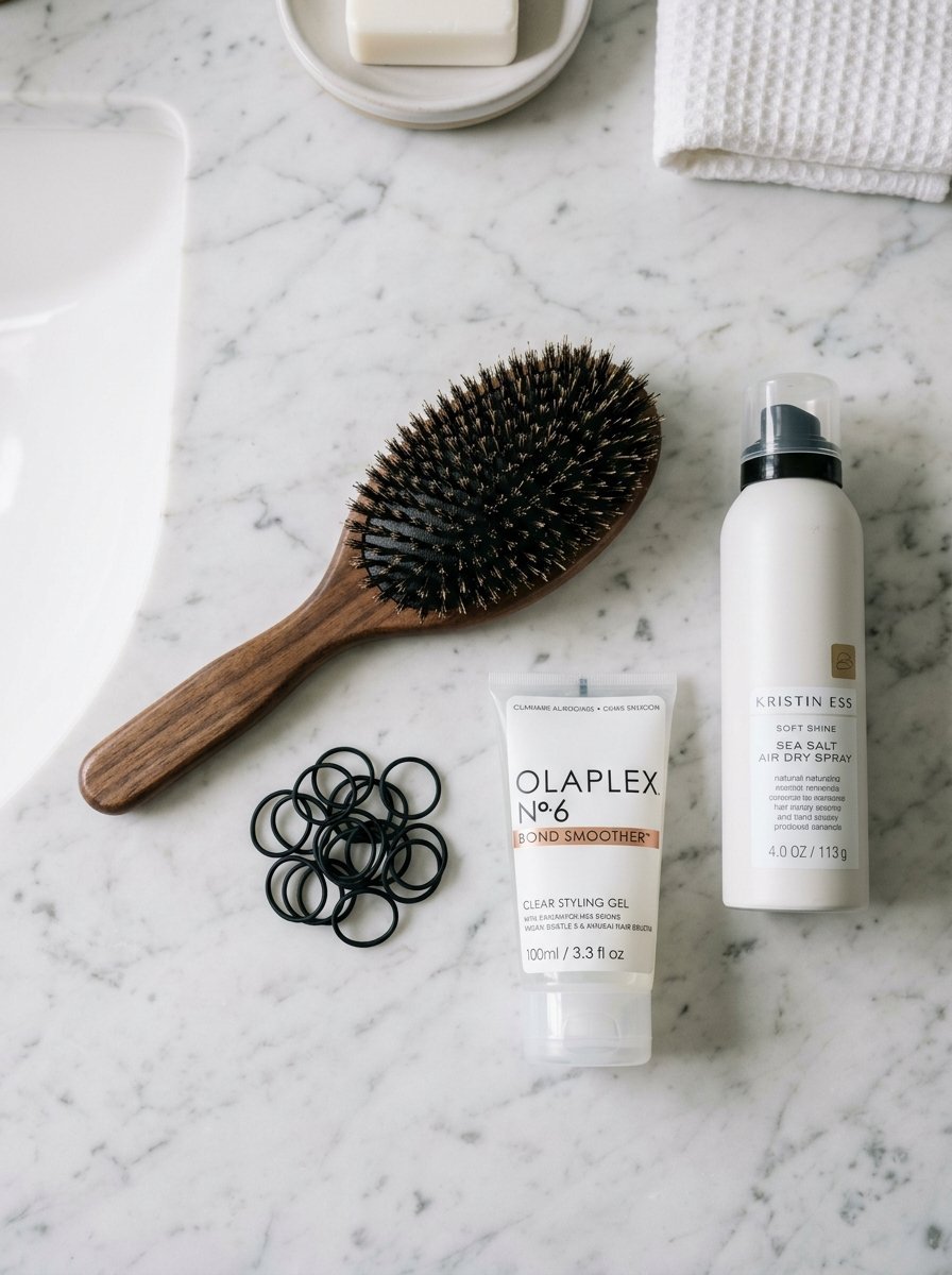 Wooden boar bristle brush, Olaplex bond smoother, Kristin Ess spray, and black hair ties on a marble vanity.