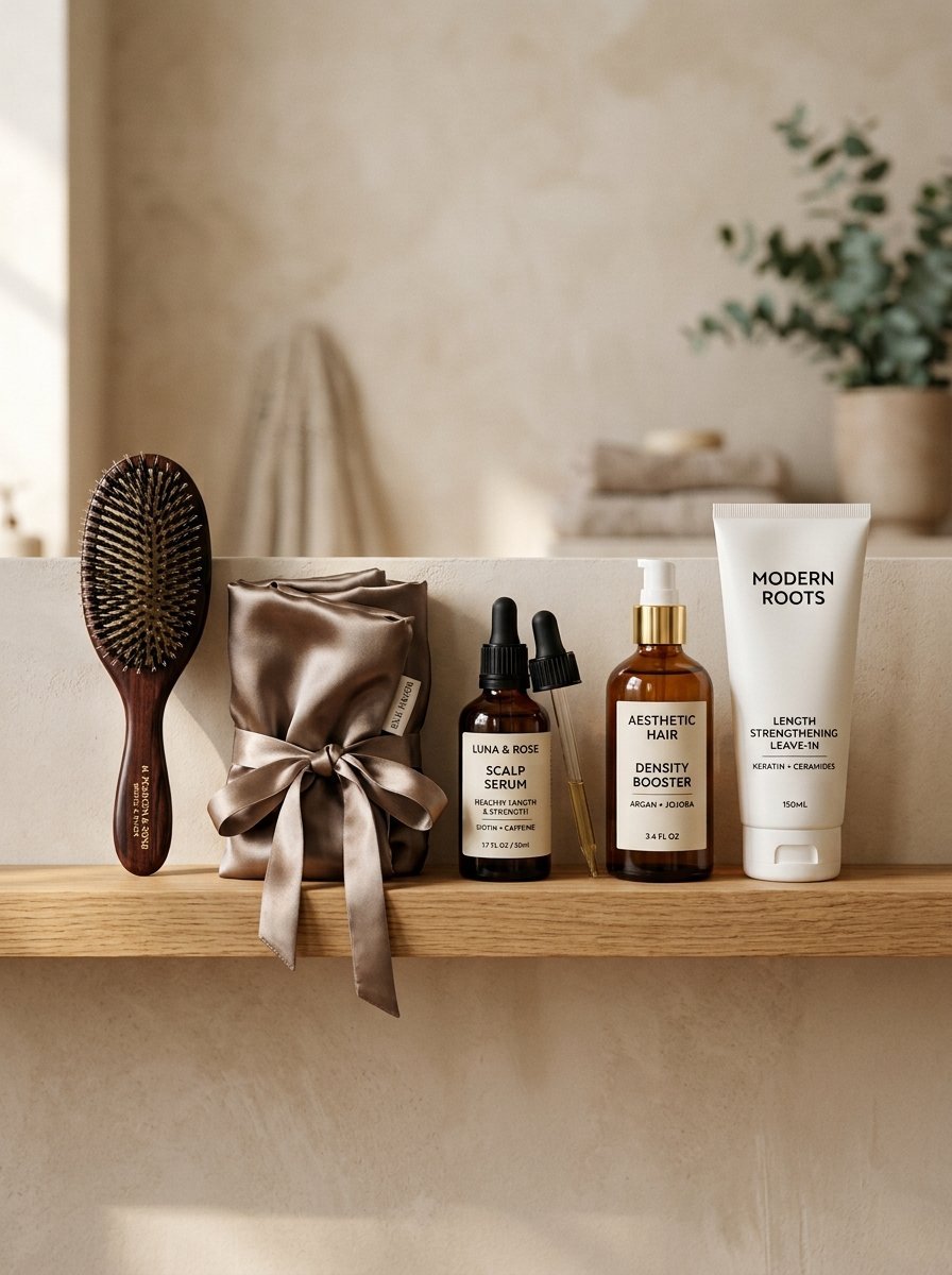 Wooden brush, silk wrap, and bottles of scalp serum and hair cream on a shelf.