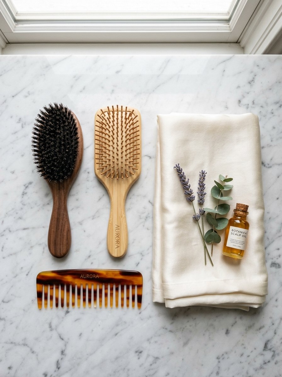 Wood hair brushes, tortoise shell comb, and scalp oil with sprigs of lavender on silk cloth.