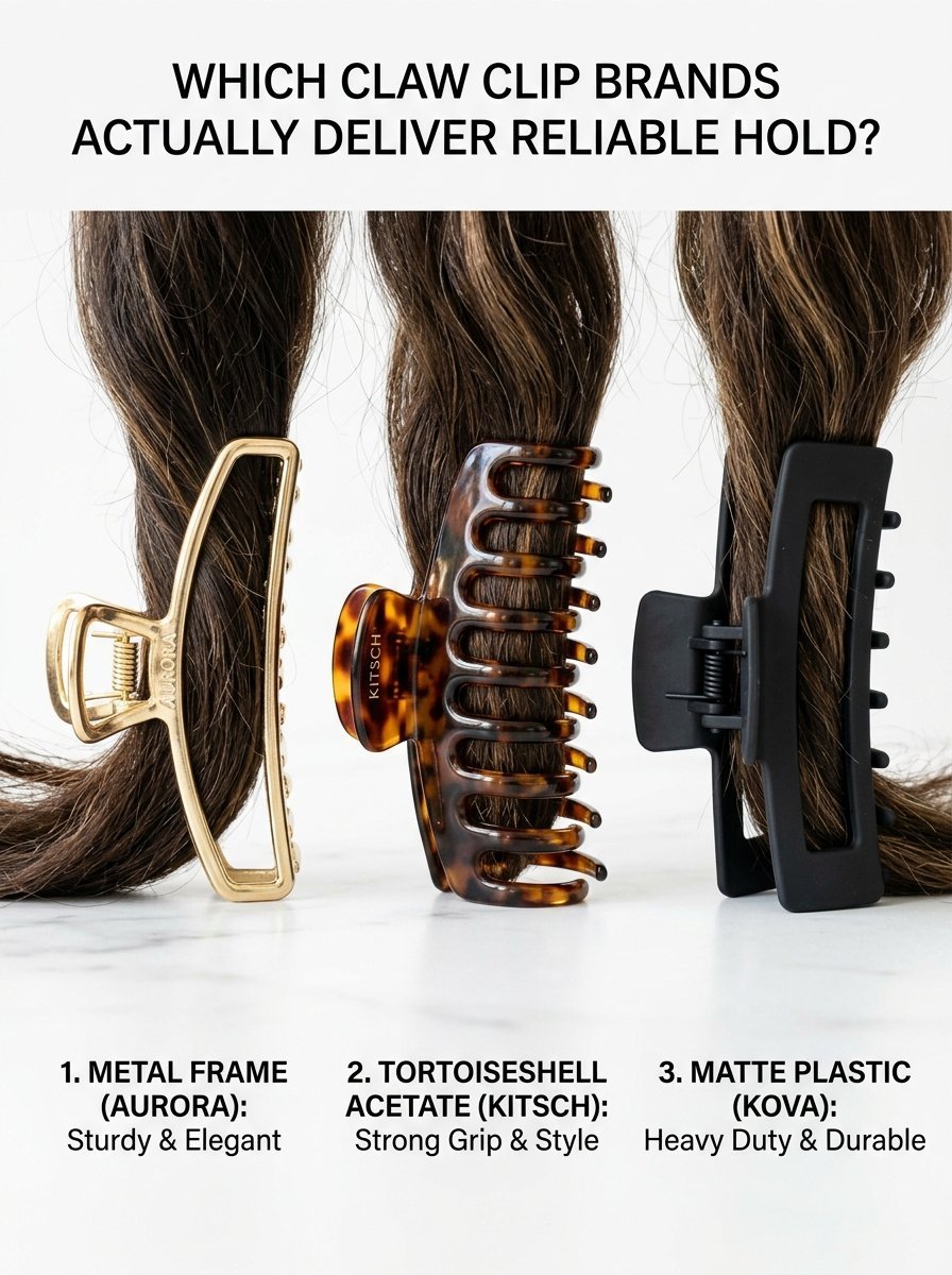 A metal, tortoiseshell, and matte black claw clip holding sections of brown hair, labeled by brand name and material.