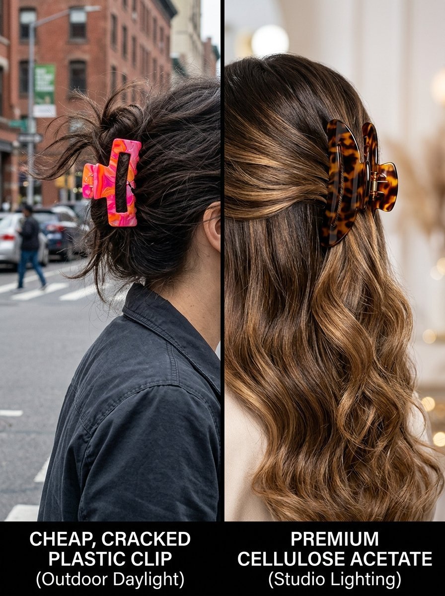 A side-by-side comparison of a neon pink plastic hair clip outdoors and a brown tortoiseshell clip in a studio.