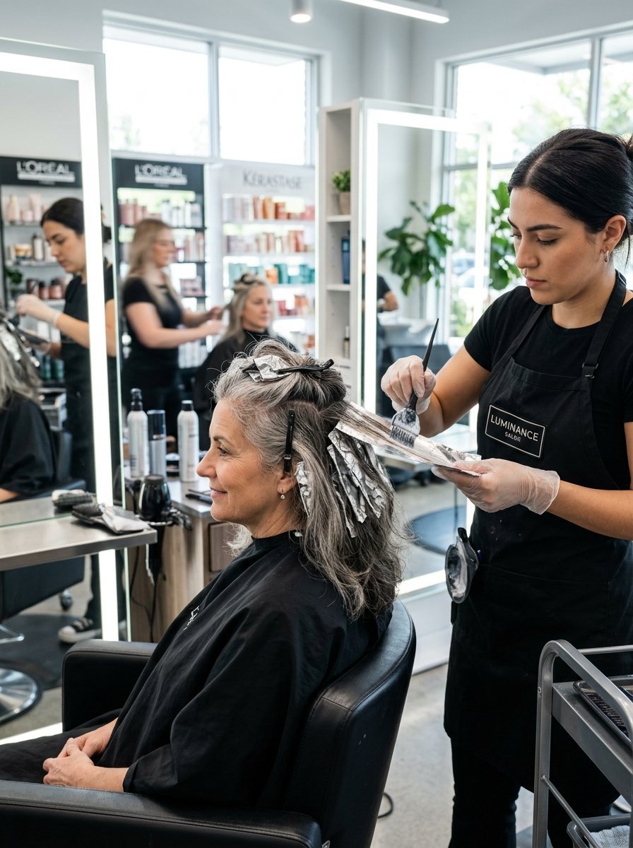 A stylist in a black apron uses a brush to paint hair dye onto foils in a woman's grey hair.