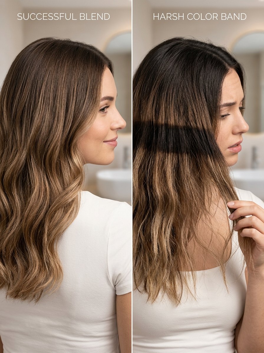 Split image showing smooth hair color transition on the left and a noticeable dark horizontal band on the right.