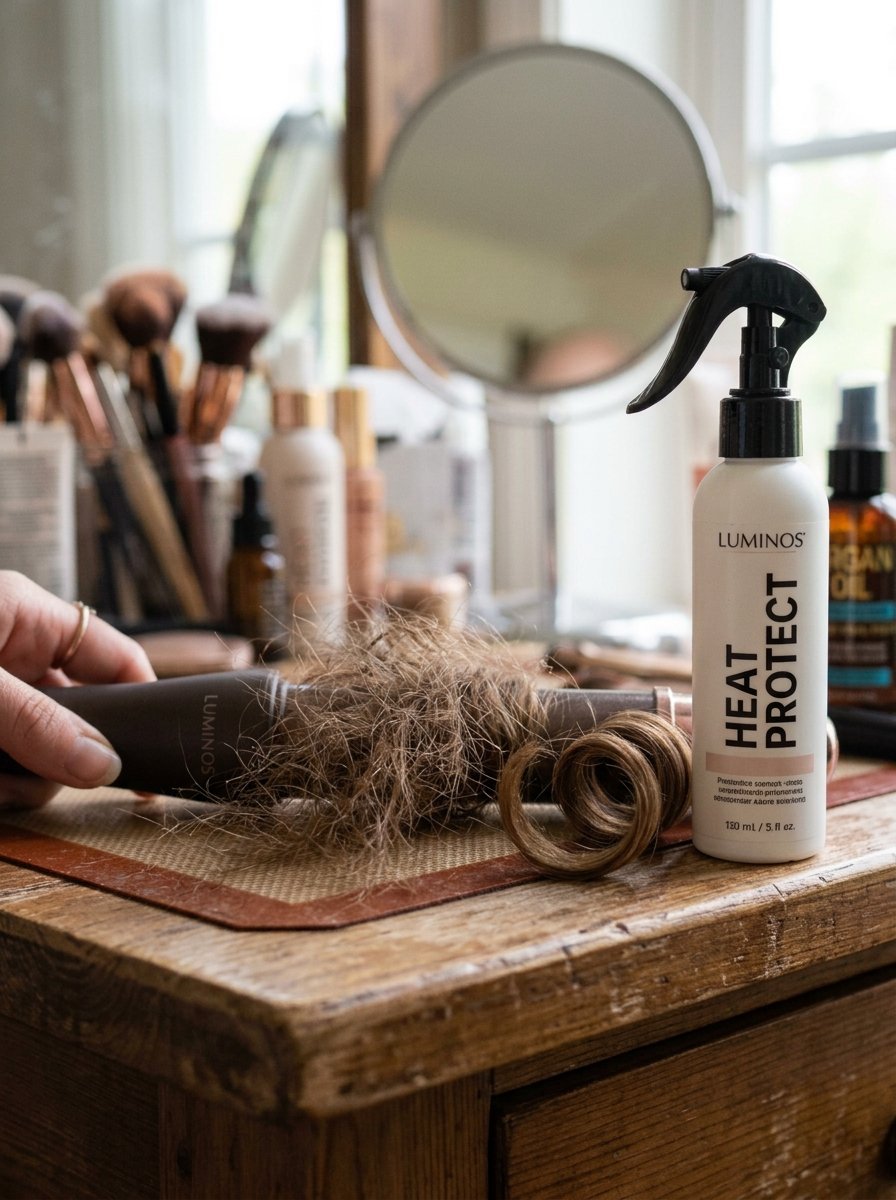 Close up of a hand holding a curling wand near a bottle of Luminos heat protection spray on a wooden table.