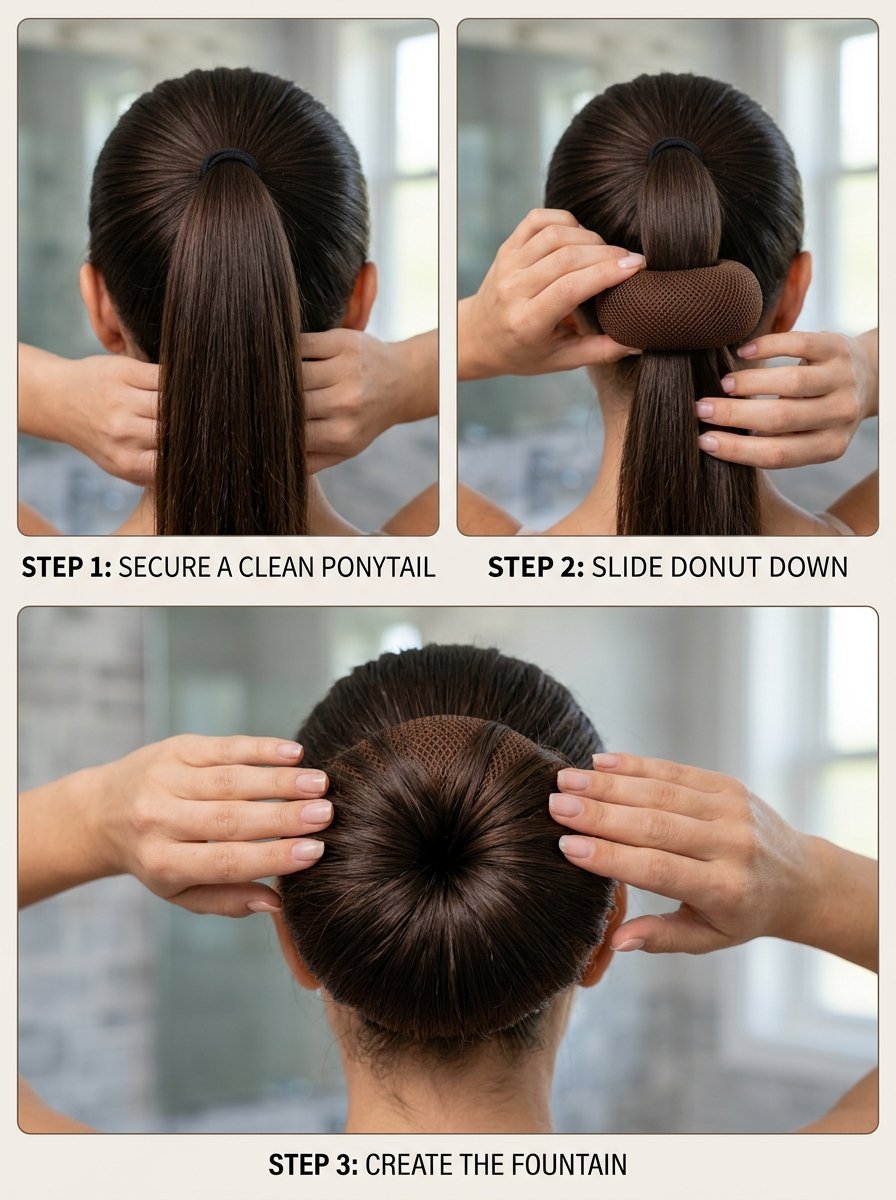 A woman demonstrating how to use a foam donut tool to create a sleek high bun hairstyle in three simple steps.