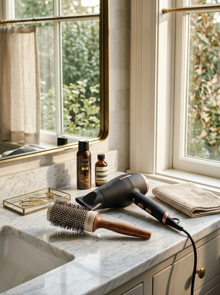 Black and rose gold hair dryer next to a round wooden hair brush on a marble bathroom counter.