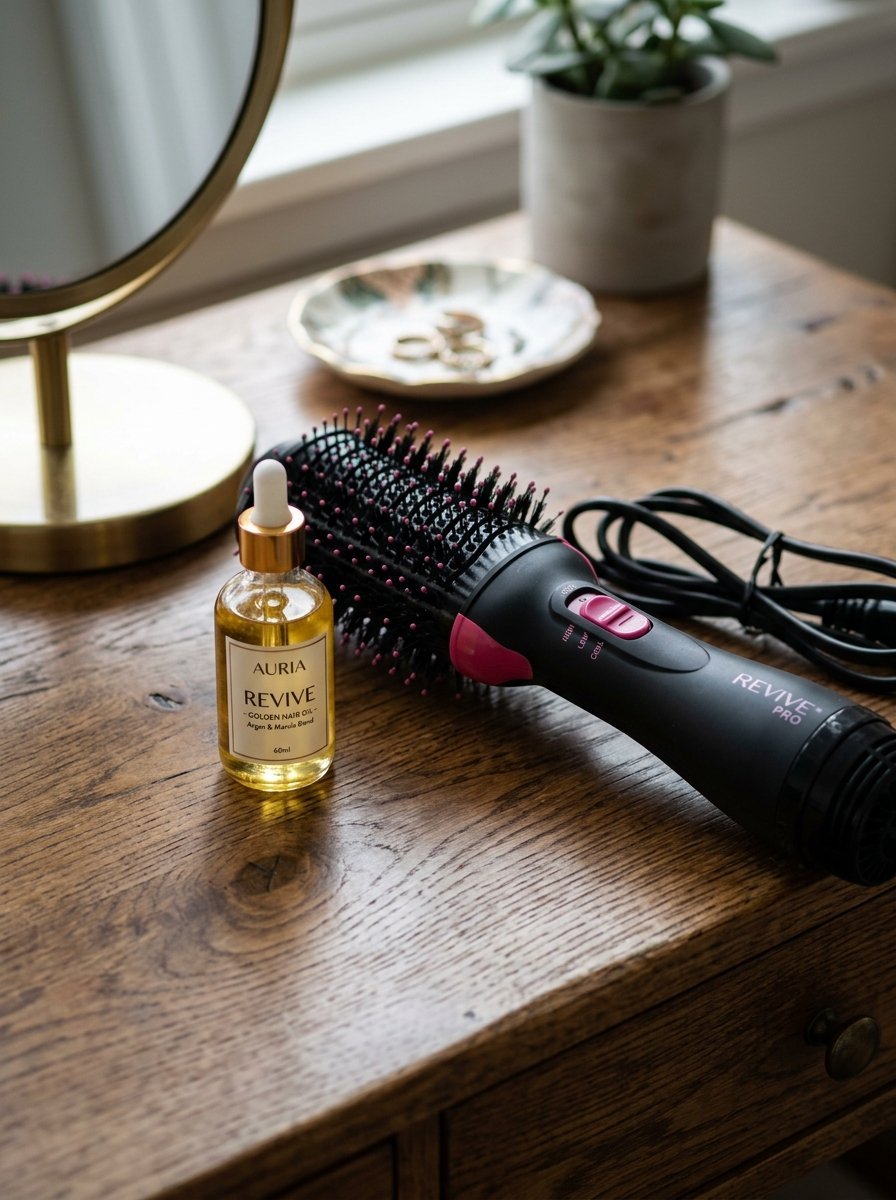Revive Pro electric hair brush and Auria hair oil bottle resting on a wooden vanity table.