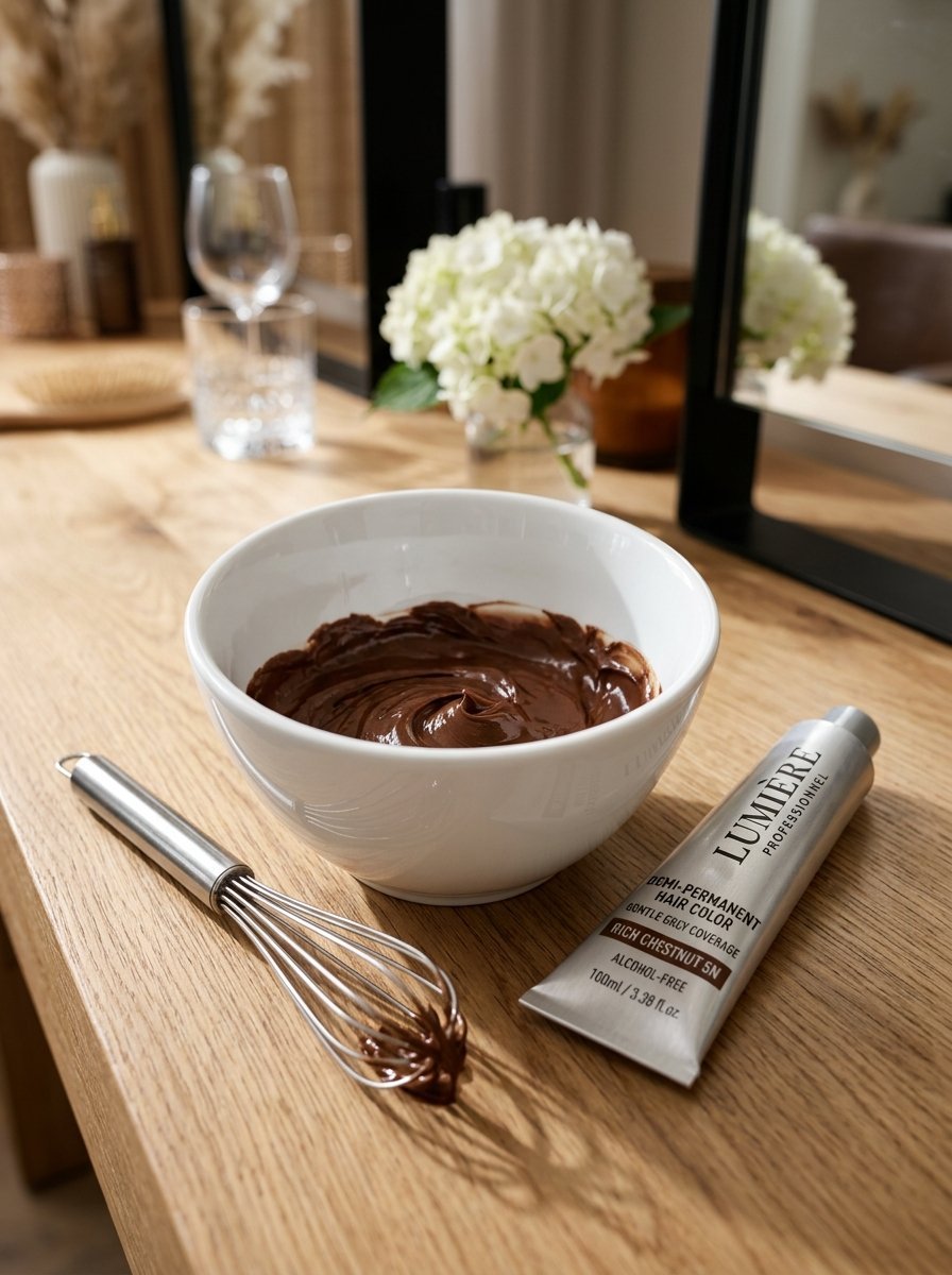 Chestnut brown hair dye in a white bowl with a metal wire whisk and a Lumiere professional tube on a wooden desk.