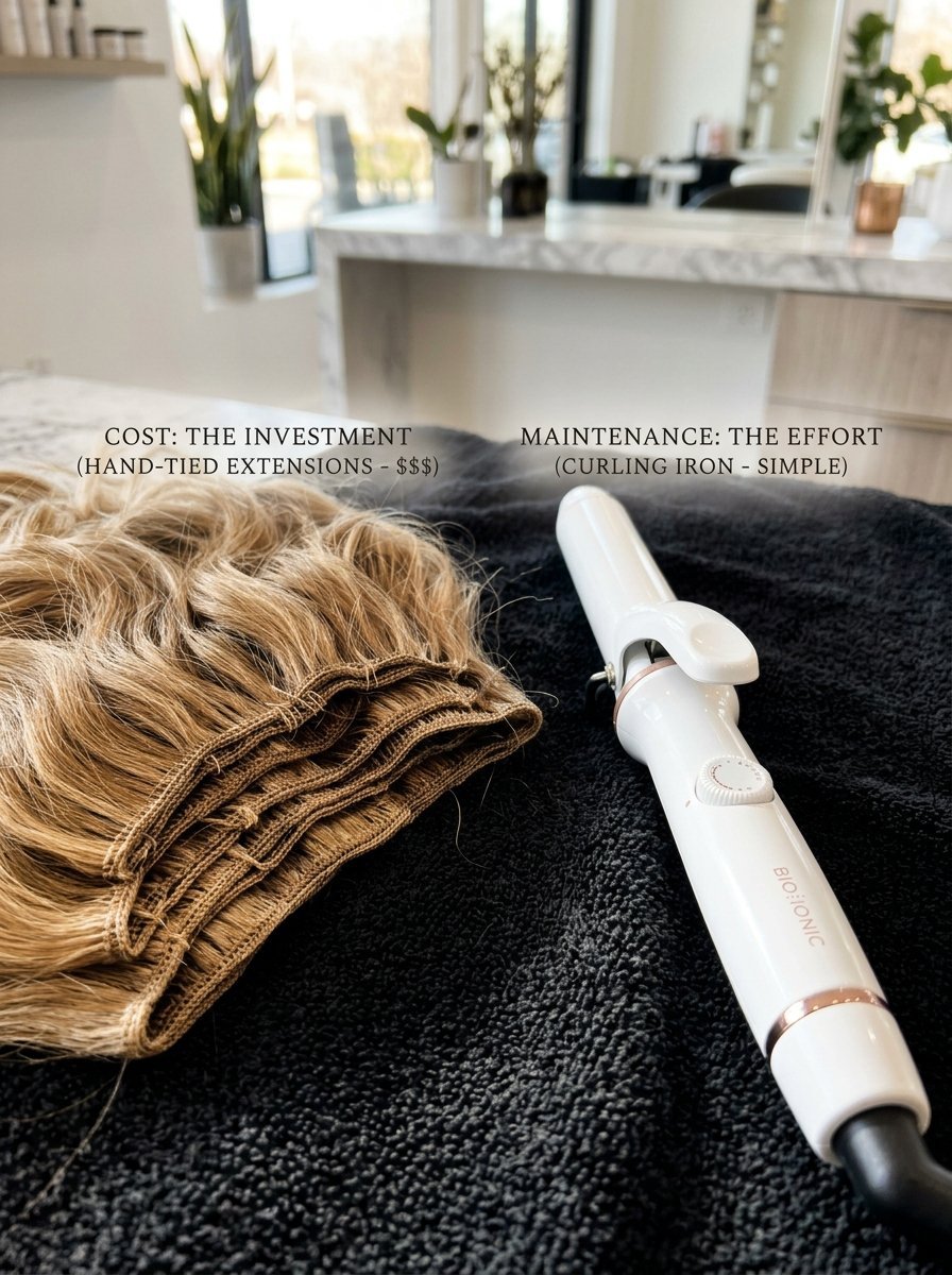 Blonde hair extensions beside a white Bio Ionic curling iron resting on a black towel in a salon.
