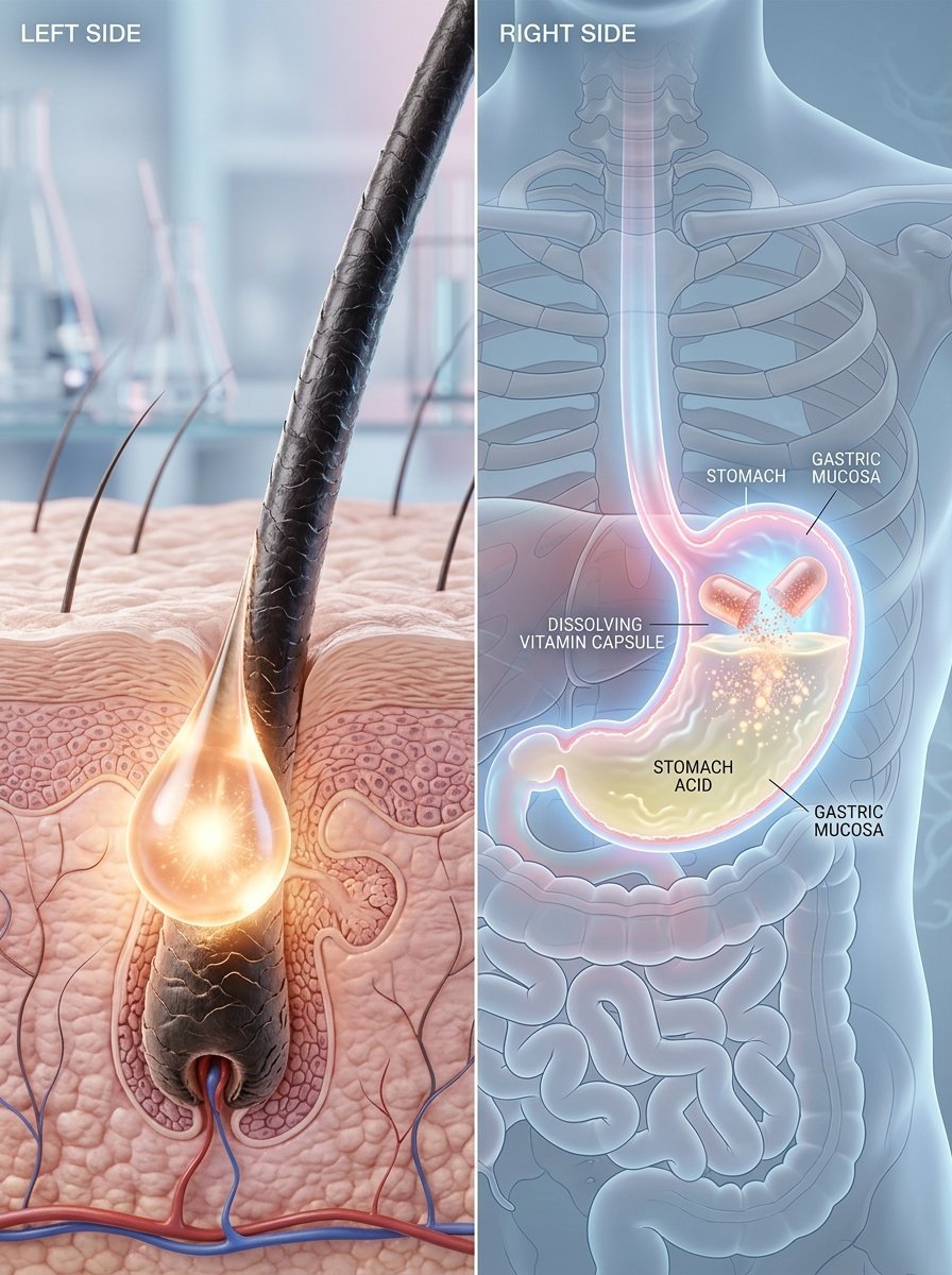 Split view showing a magnified hair follicle on the left and a capsule dissolving in the stomach on the right.