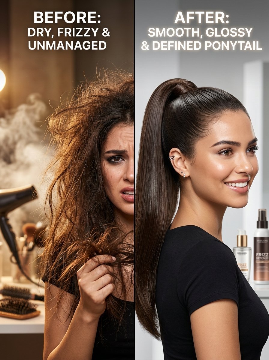 Comparison of woman with unmanaged dry hair versus a sleek, shiny high ponytail style.