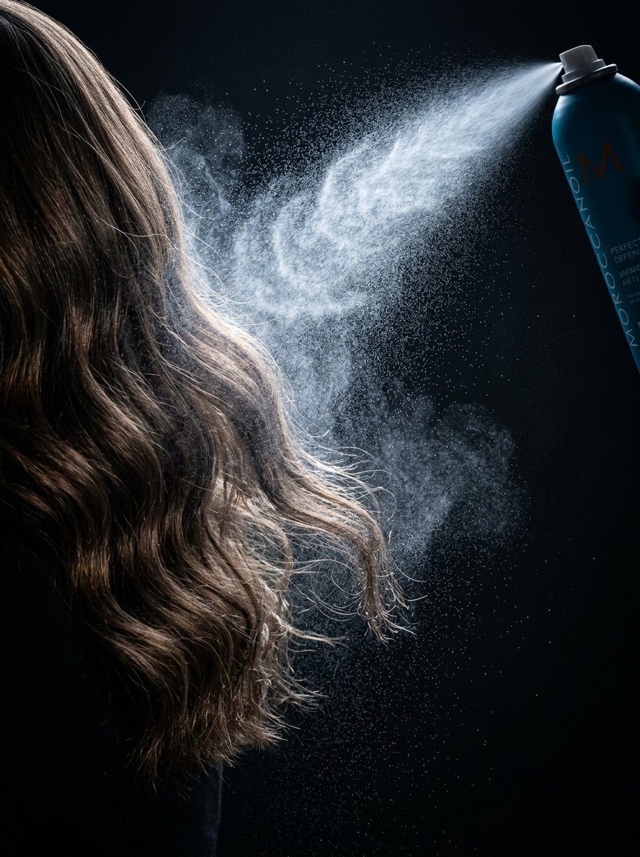 Close up of a blue hair spray canister misting product onto textured wavy hair.