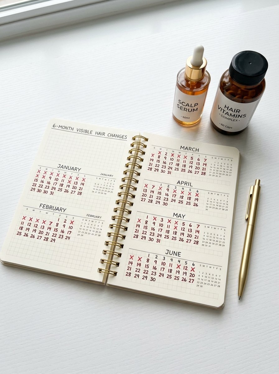 An open six-month hair change tracker calendar next to hair vitamins and scalp serum on a white desk.