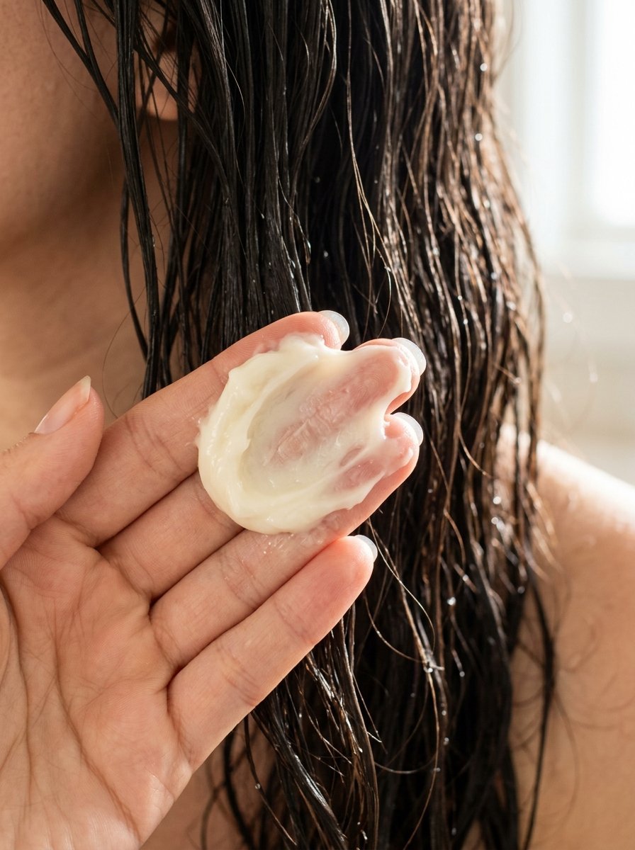 A close-up shot of a thick, off-white hair mask product sitting on a palm in front of damp, dark hair.