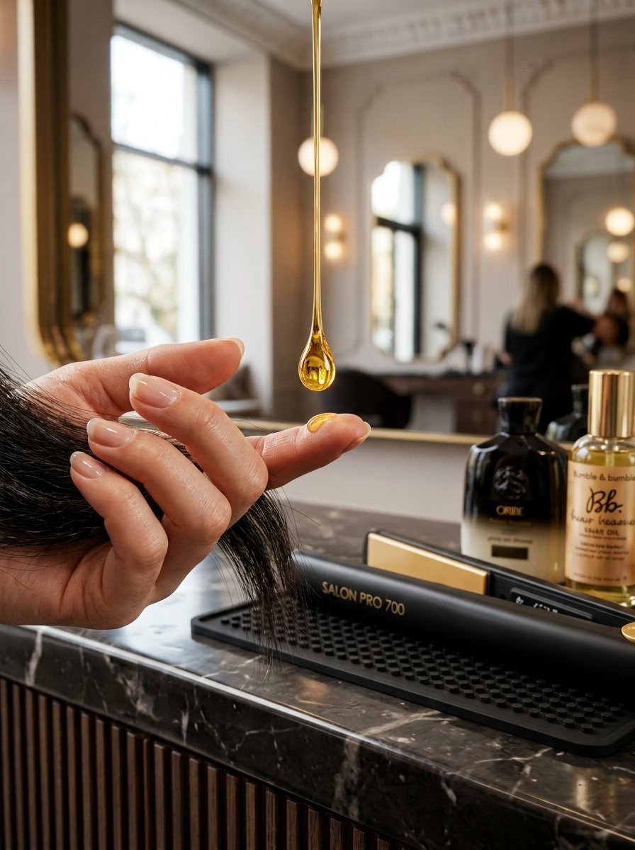 Close up of a hand holding a hair strand with a drop of golden oil falling onto a fingertip near salon equipment.