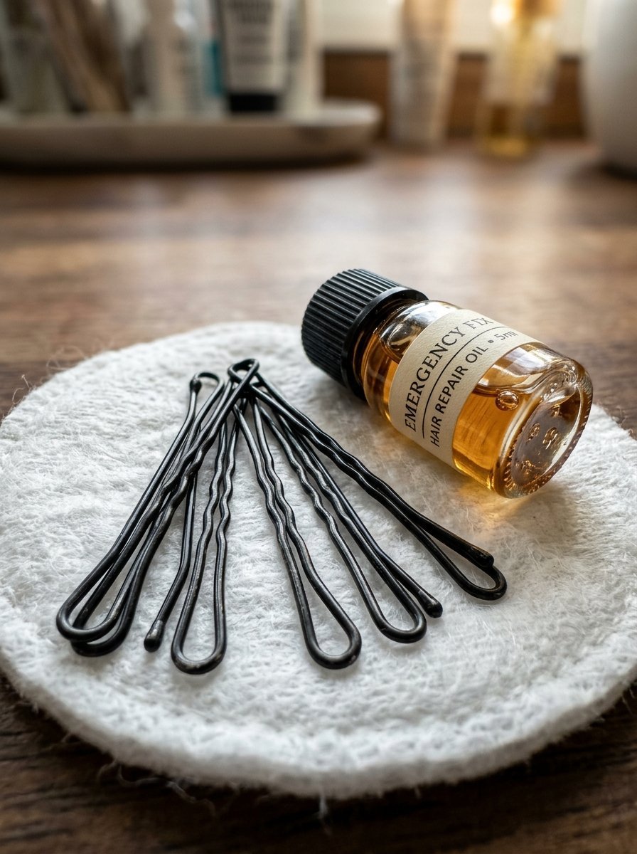 A cluster of black metal hair pins and a tiny glass vial of amber-colored hair repair oil on a white cotton pad.