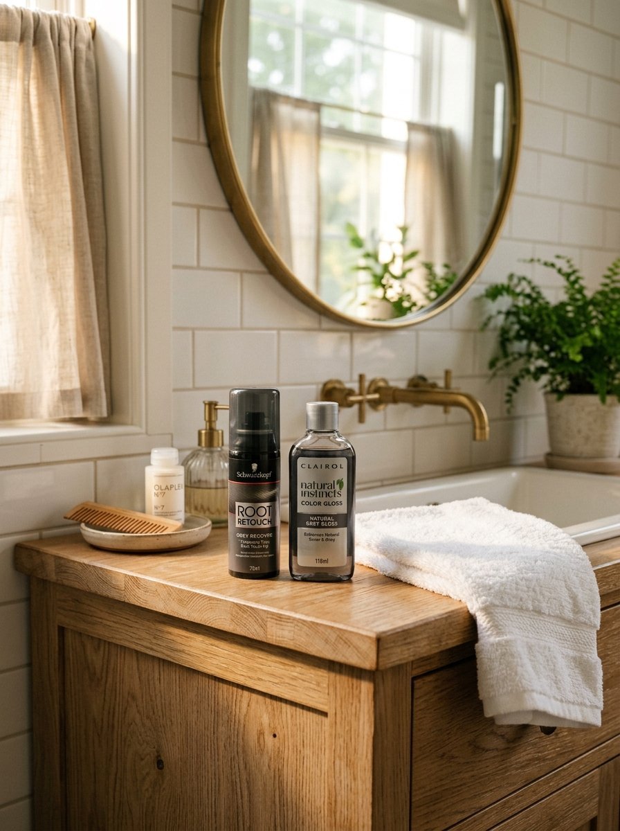 Hair color products and a wooden comb placed on a wood bathroom sink counter next to a white towel.