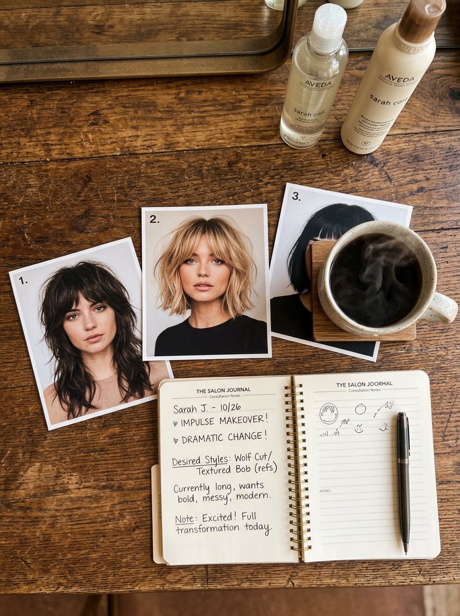 A rustic wood table featuring a salon journal, three printed haircut reference photos, and two Aveda hair products.