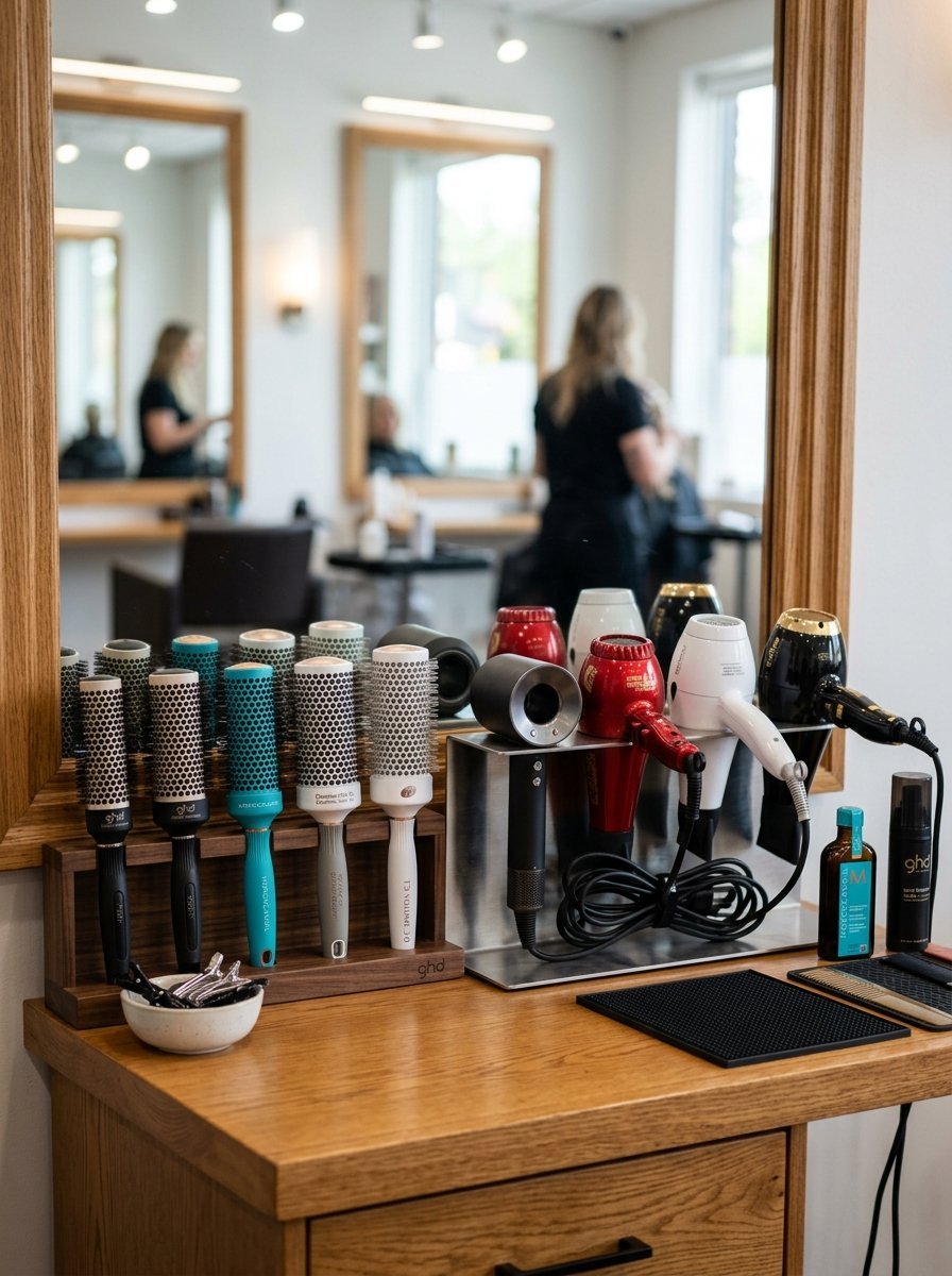 An assortment of round styling brushes and hair dryers arranged neatly on a wooden salon vanity.